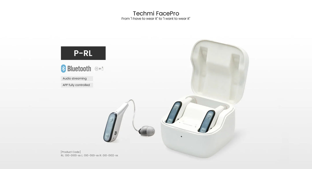 Techmi FacePro RIC hearing aid styled like Bluetooth earbud with app control
